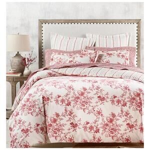 Martha Stewart Macy's King Duvet Cream White Red Floral Toile Cotton Flannel